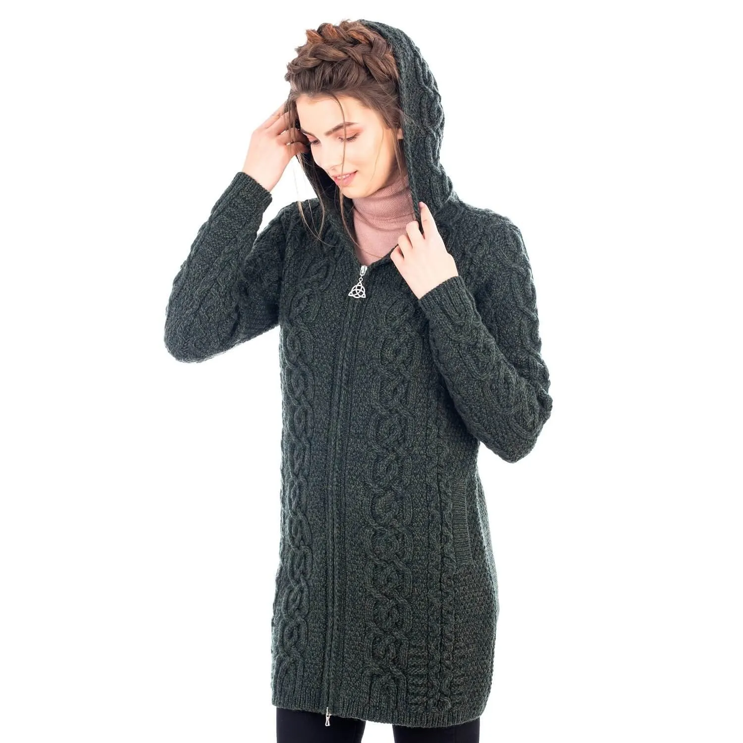 Irish Aran Cable Hooded Cardigan with Zip for Women