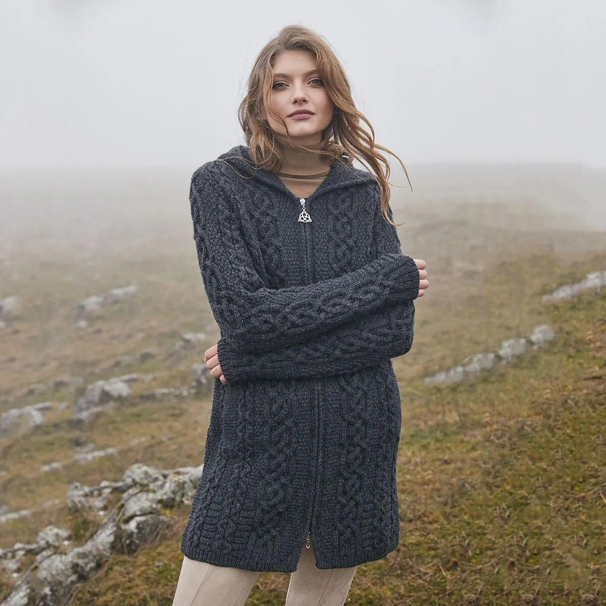 Irish Aran Cable Hooded Cardigan with Zip for Women