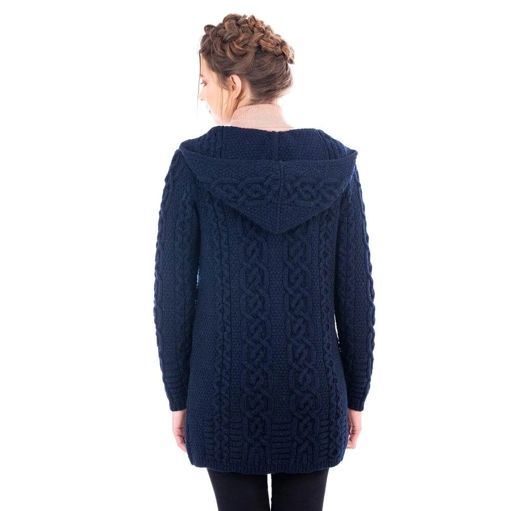 Irish Aran Cable Hooded Cardigan with Zip for Women