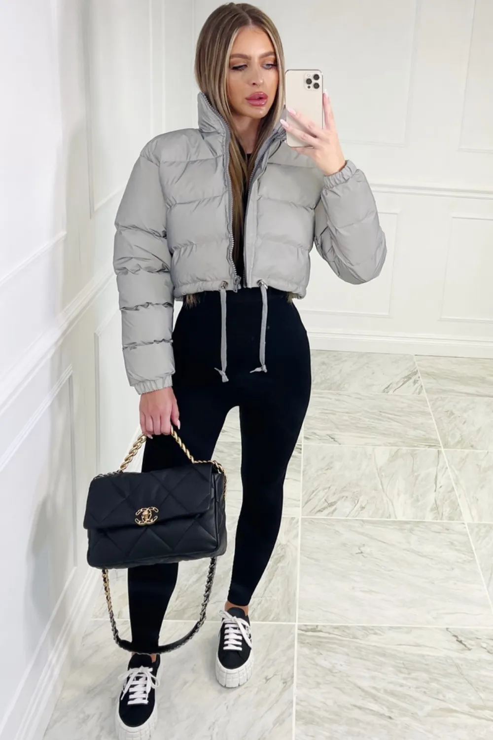 Karmin grey reflective crop puffer coat