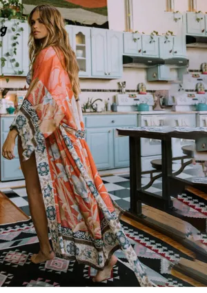 Kimono Orange Print Floral Loose Long Cardigan