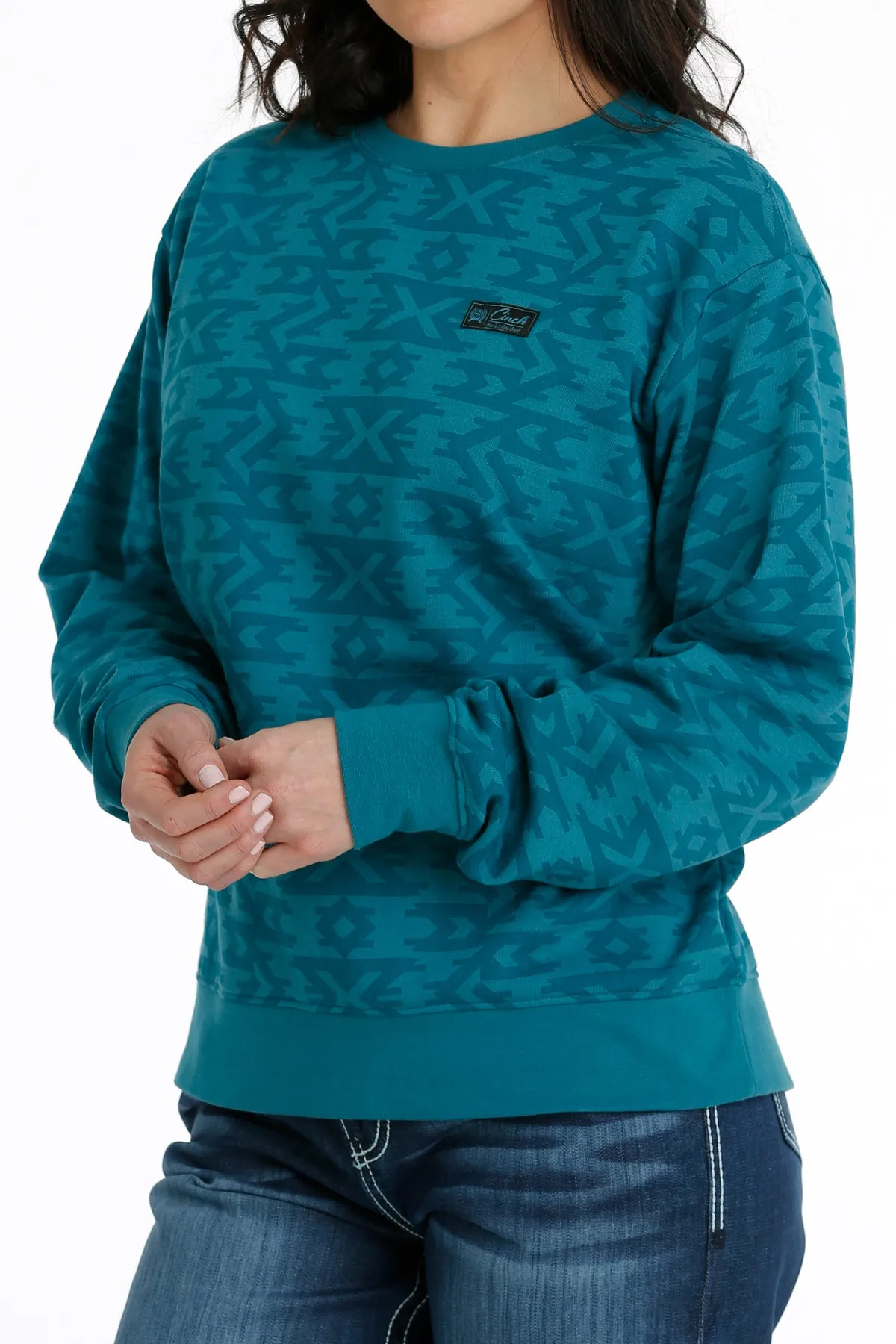 Ladies Cinch Teal Aztec Print Pullover Sweatshirt