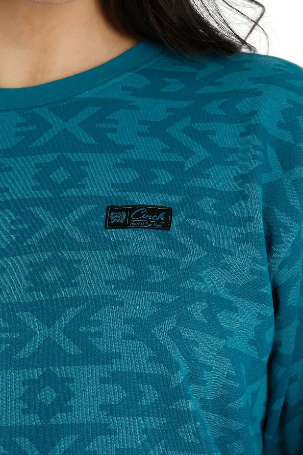 Ladies Cinch Teal Aztec Print Pullover Sweatshirt