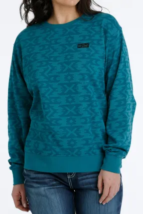 Ladies Cinch Teal Aztec Print Pullover Sweatshirt