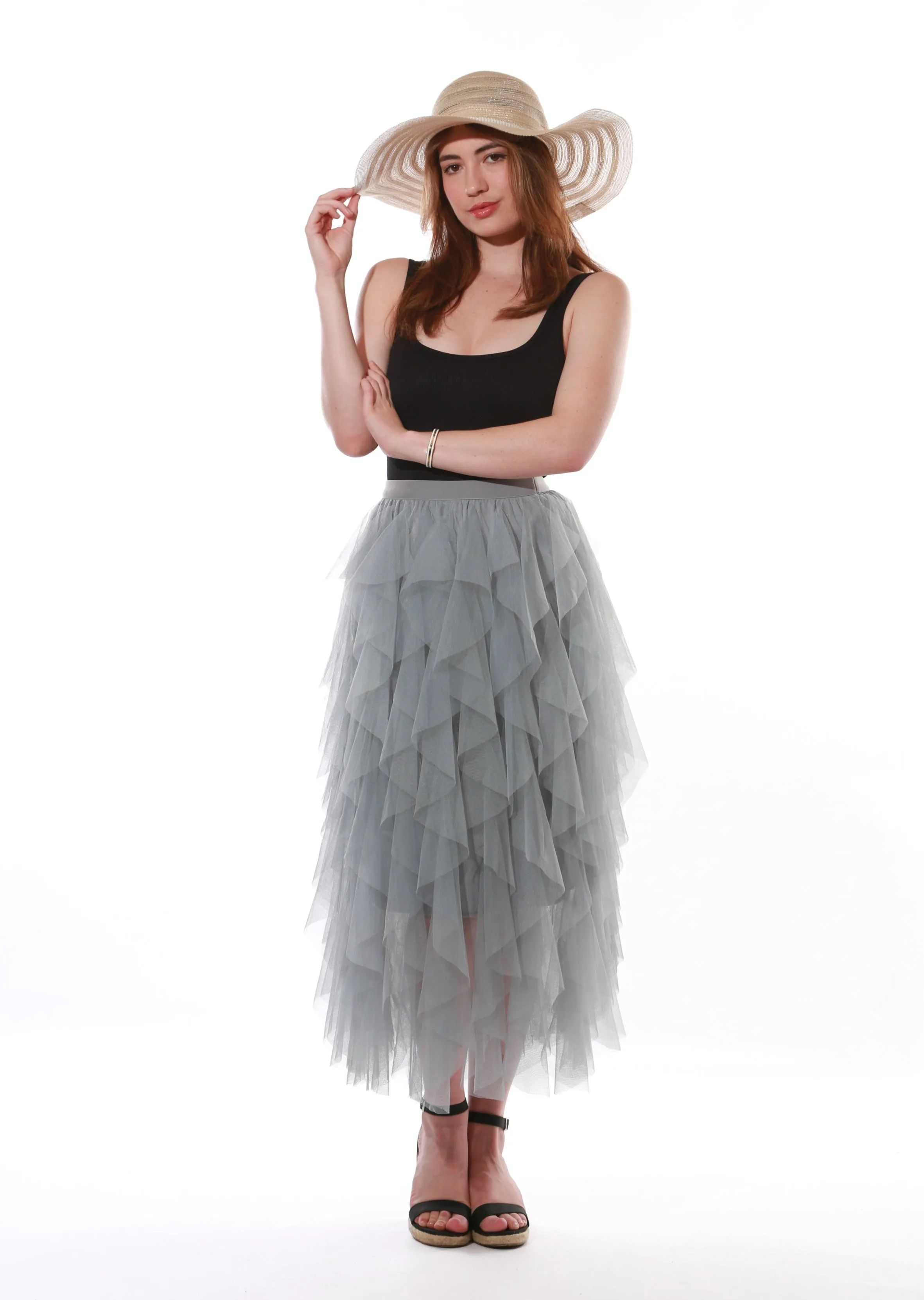 Layered Tulle Ruffle mesh Midi Skirt- Grey