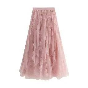 Layered Tulle Ruffle mesh Midi Skirt- Pink