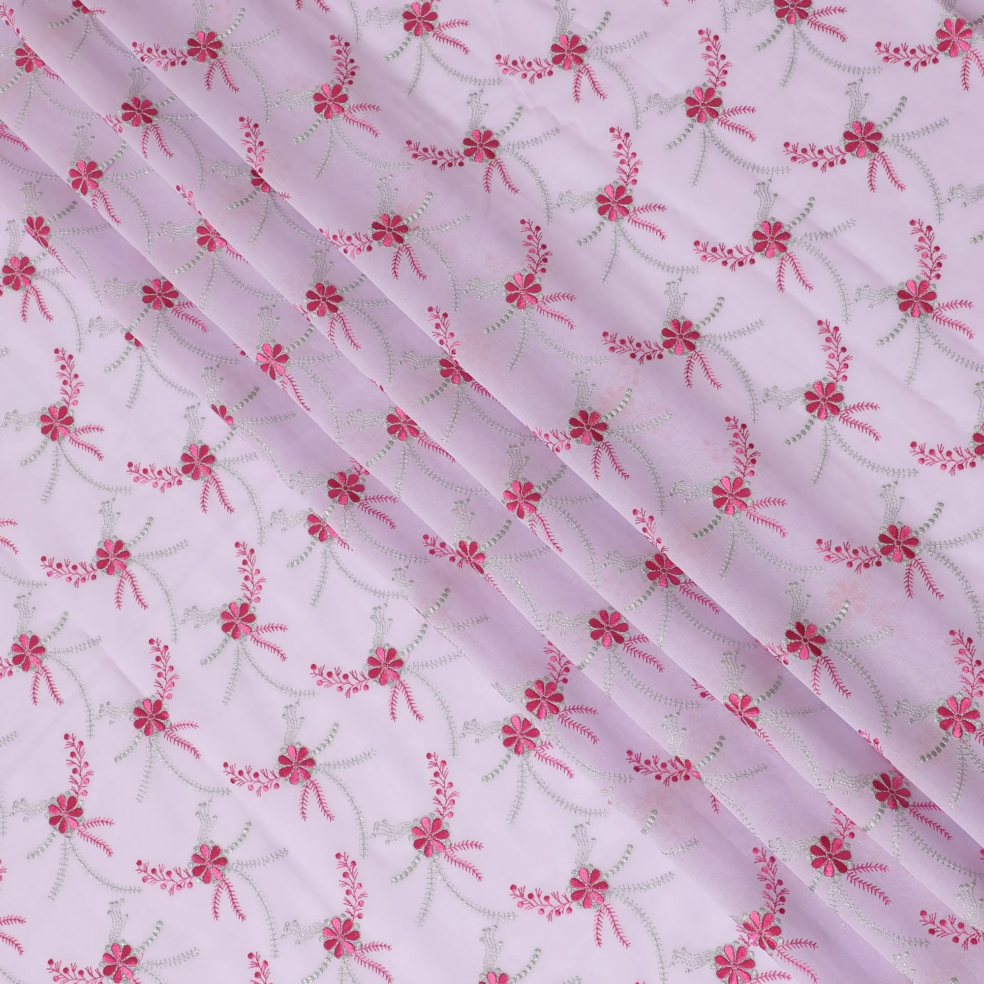 Light Pink Premium Swiss Cotton Voile Fabric with Red and Silver Floral Embroidery - Traditional Thobe Material, 140 cm Wide-D20207