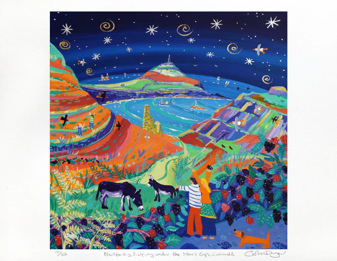 Limited Edition Print by Cornish Artist John Dyer. 'Blackberry Picking under the Stars, Cape Cornwall'. Cornwall Art Gallery Print