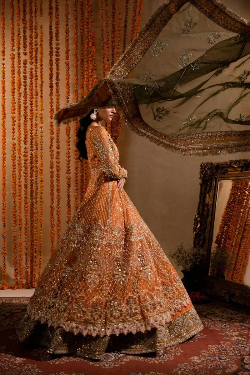 Maria Osama Khan - Anchal - Organza - Orange - Lehnga - 3 Piece