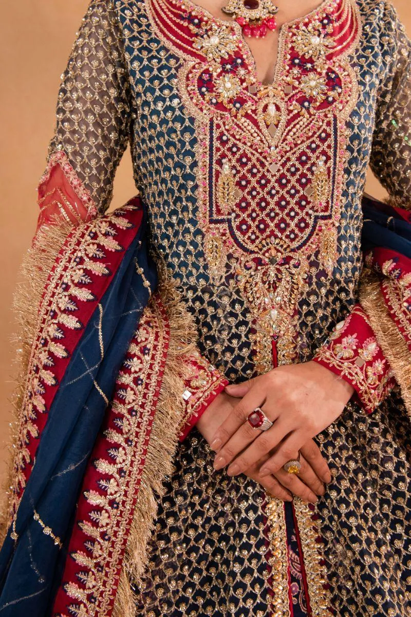 Maria Osama Khan - Mehram - Lehnga - Blue - Organza & Raw Silk - 3 Piece