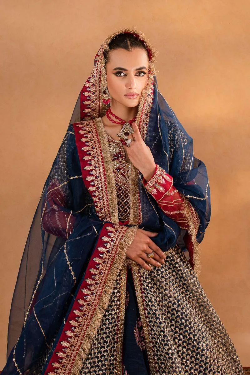 Maria Osama Khan - Mehram - Lehnga - Blue - Organza & Raw Silk - 3 Piece