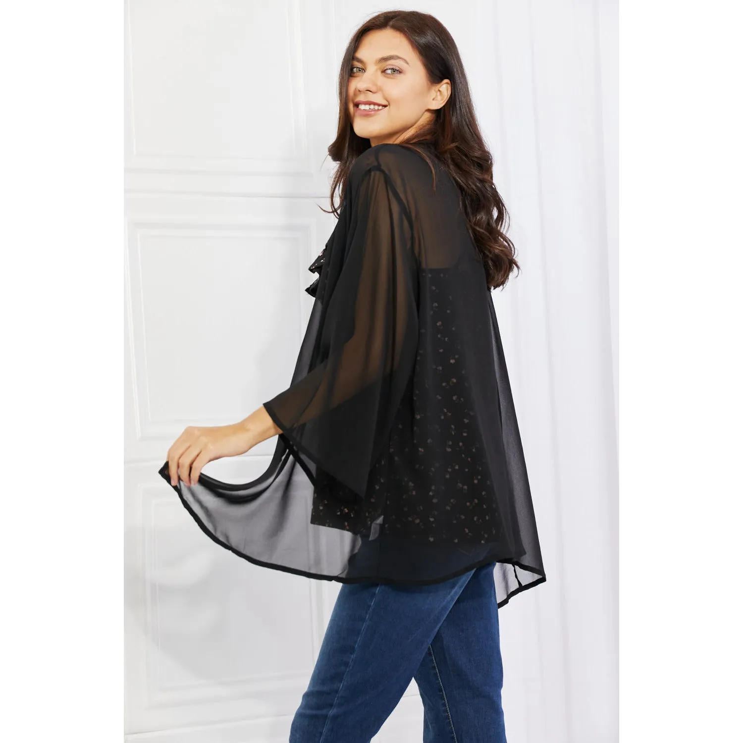 Melody Just Breathe Full Size Chiffon Kimono in Black