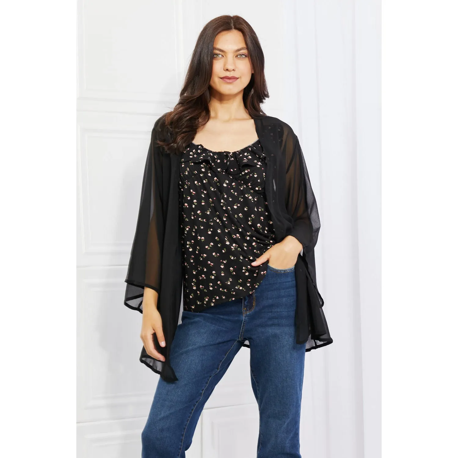 Melody Just Breathe Full Size Chiffon Kimono in Black