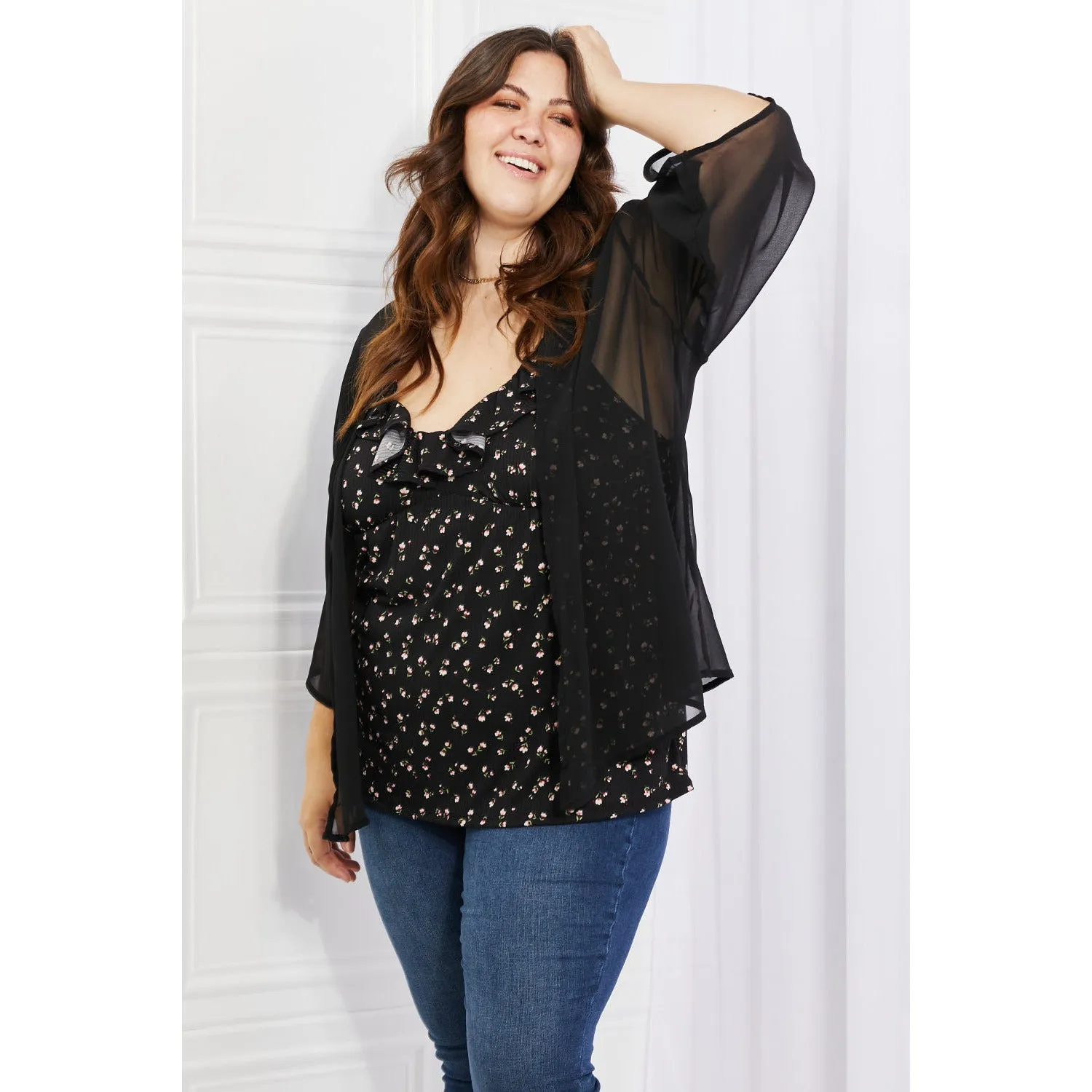 Melody Just Breathe Full Size Chiffon Kimono in Black