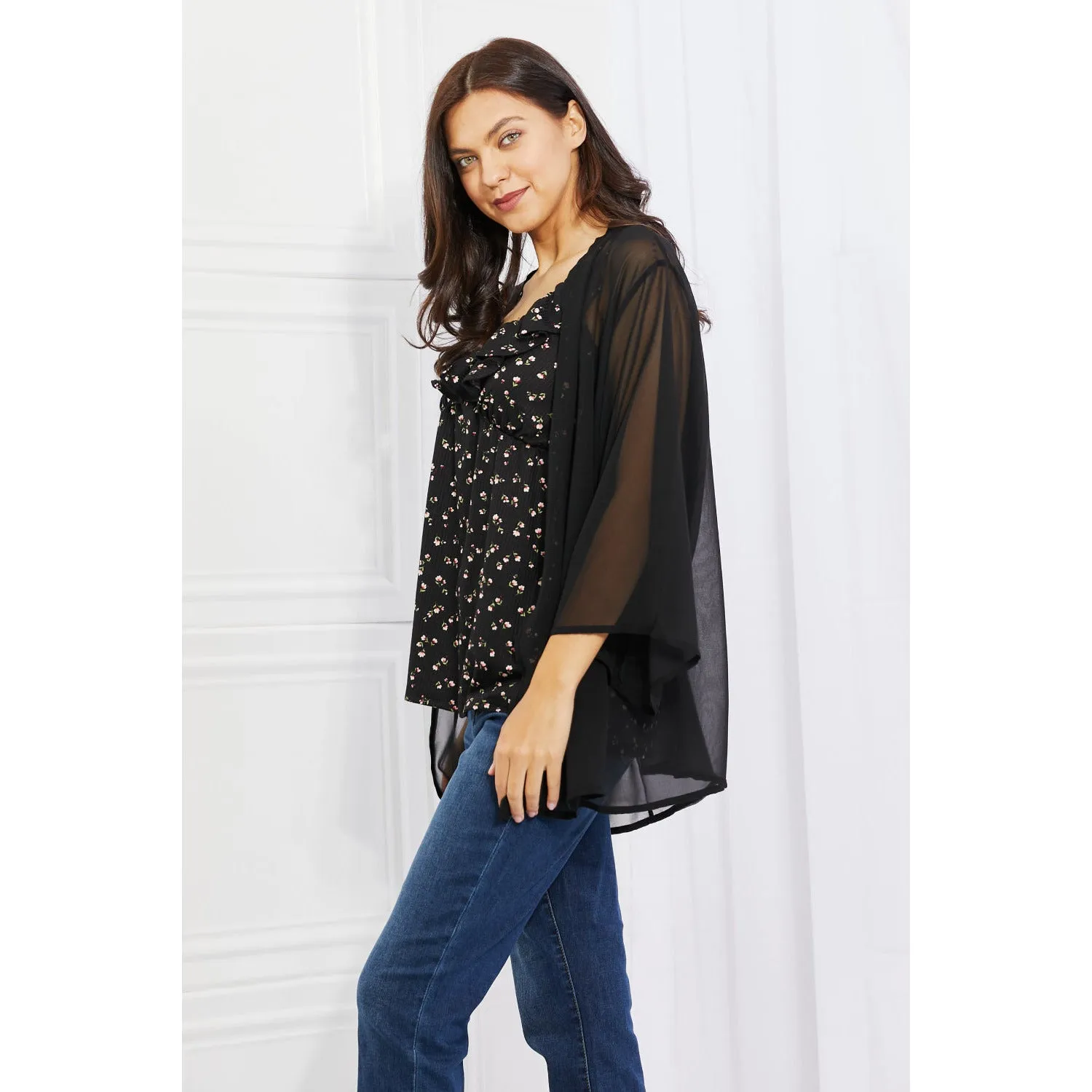 Melody Just Breathe Full Size Chiffon Kimono in Black