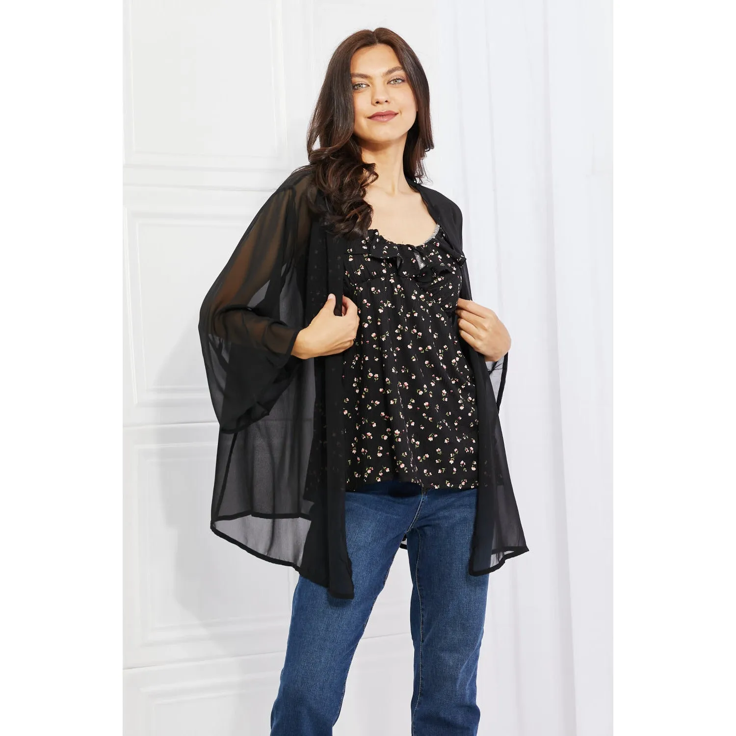 Melody Just Breathe Full Size Chiffon Kimono in Black