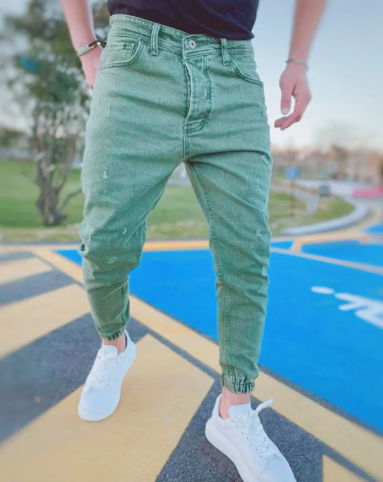 Men's Basic Straight Fit Distressed Denim Joggers