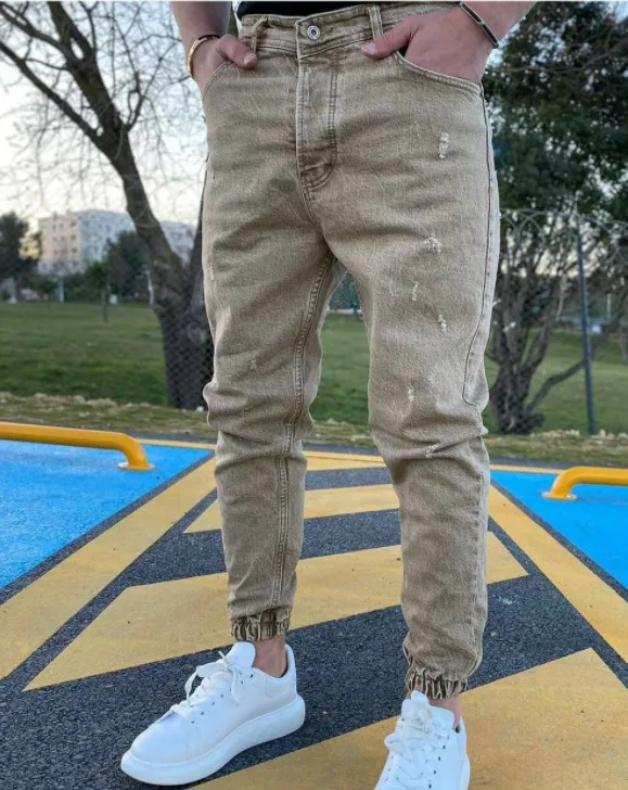 Men's Basic Straight Fit Distressed Denim Joggers