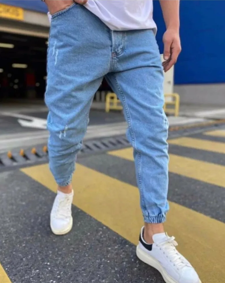 Men's Basic Straight Fit Distressed Denim Joggers