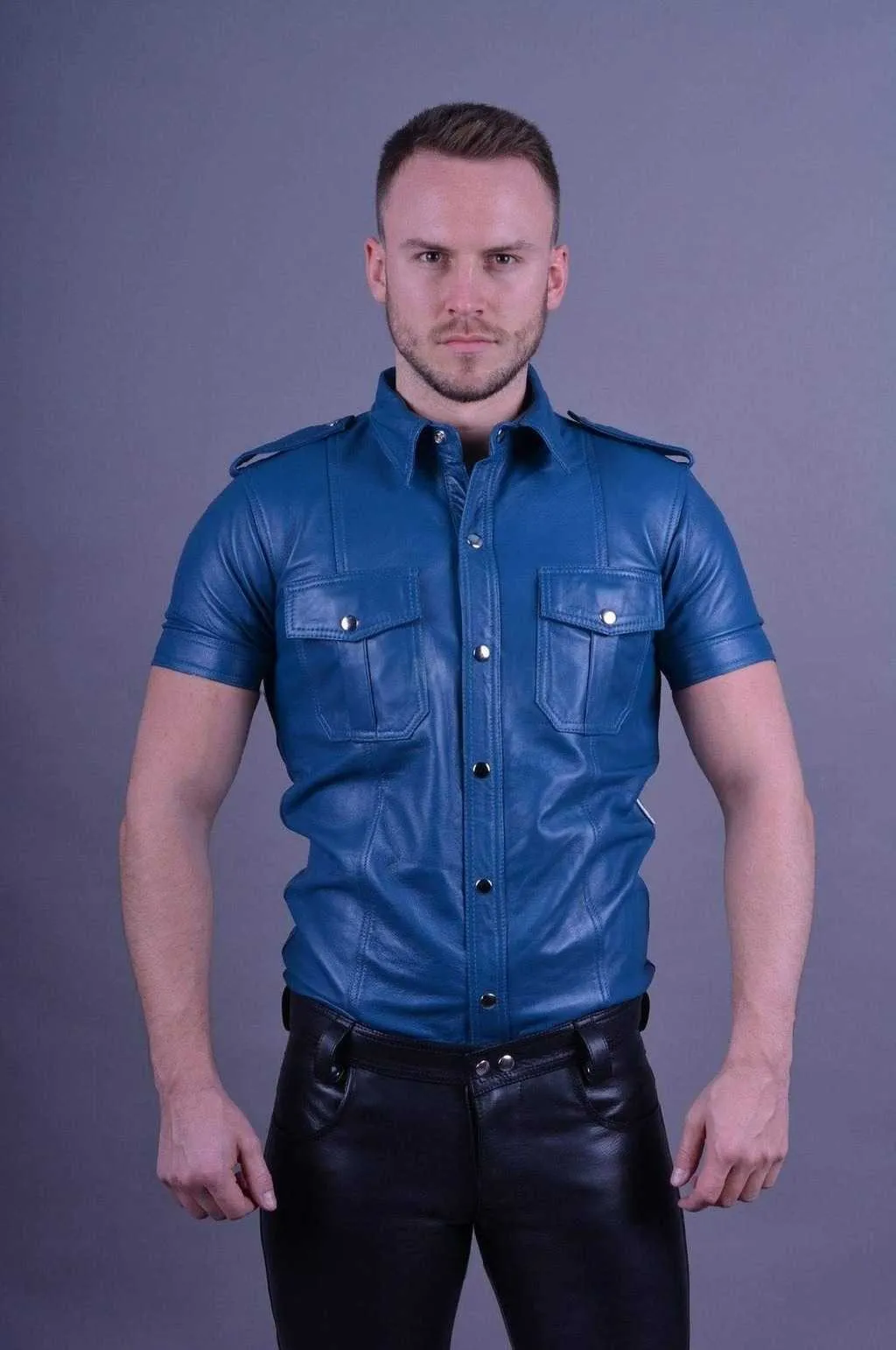 Mens Blue Leather Short Sleeve Button Up Shirt