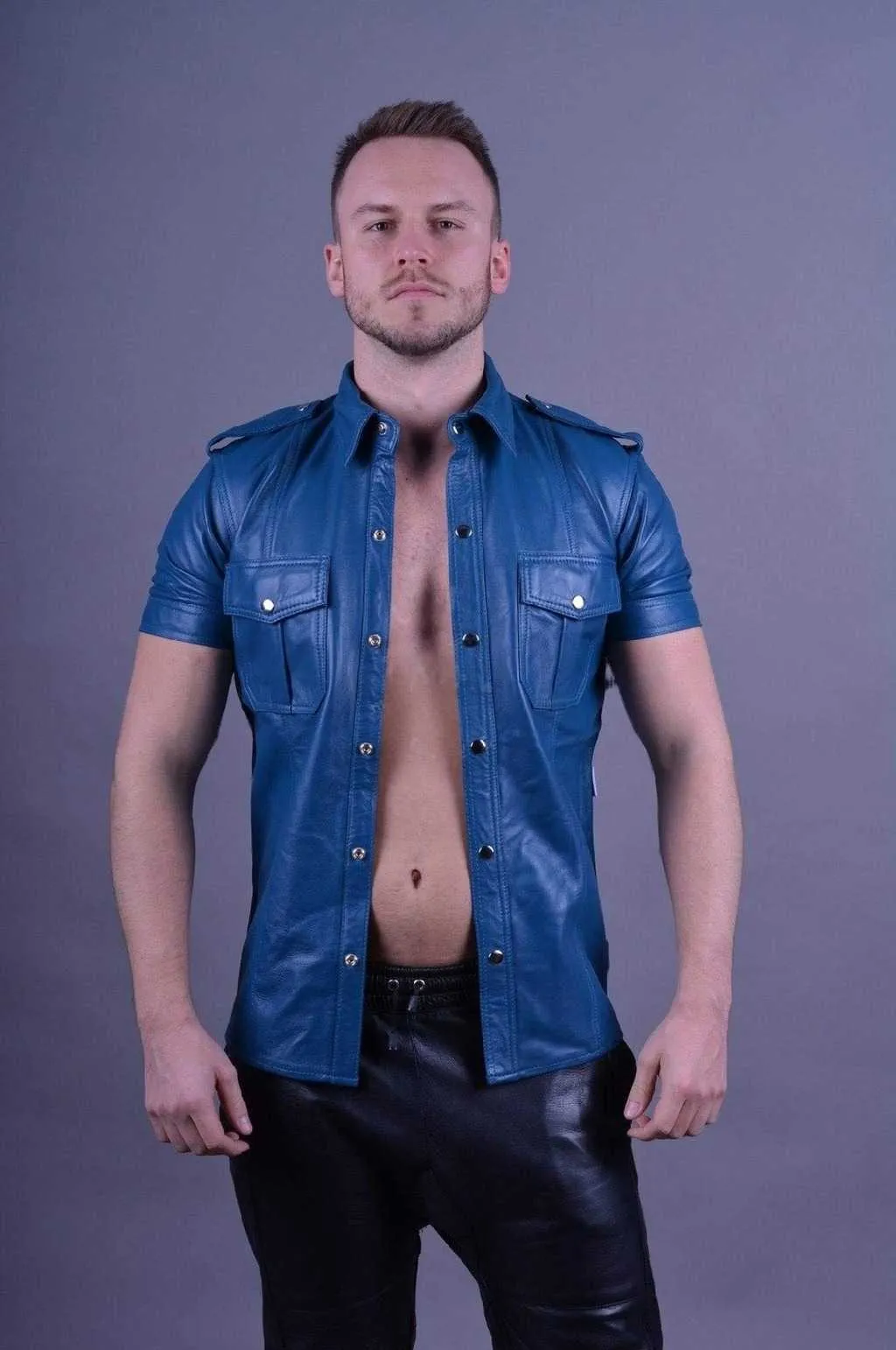 Mens Blue Leather Short Sleeve Button Up Shirt