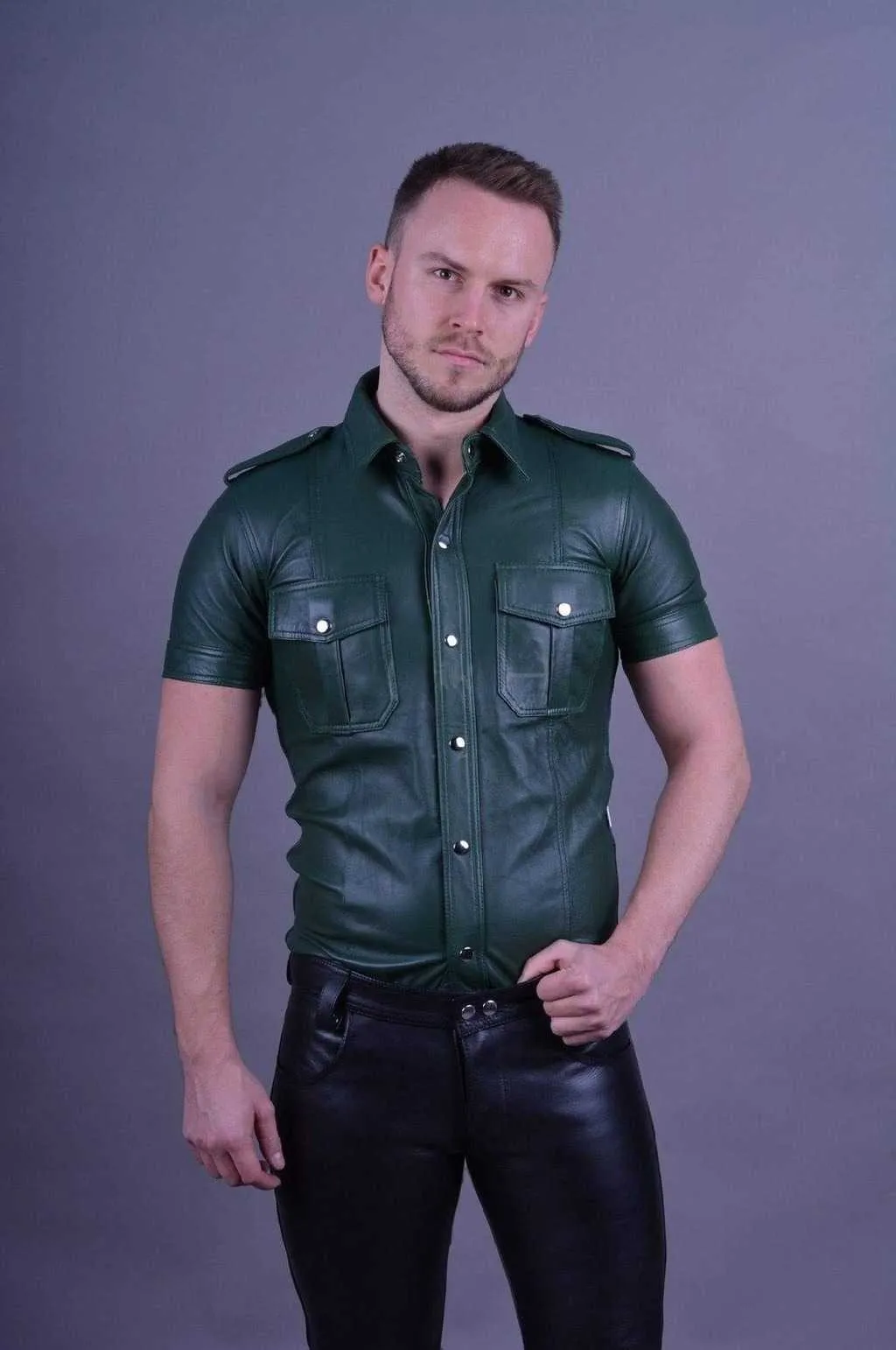 Mens Blue Leather Short Sleeve Button Up Shirt