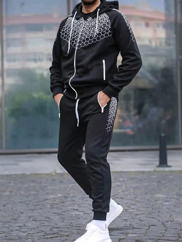 Men's Casual Honeycomb Print Sweatsuit | Outfit Set