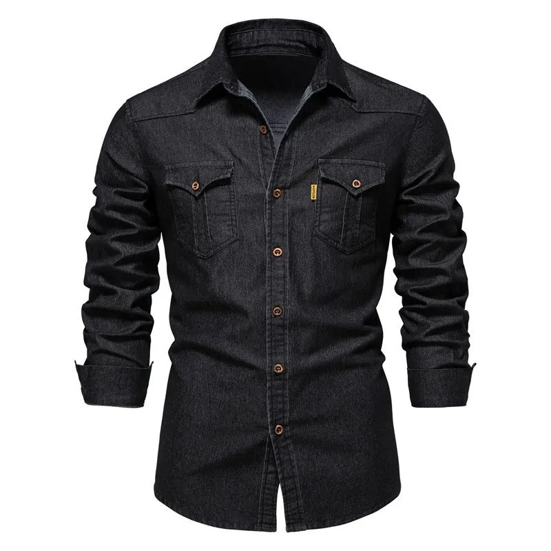 Men's Iron-Free Slim Fit Denim Shirt | US Size Casual Long Sleeve Solid Color Shirt