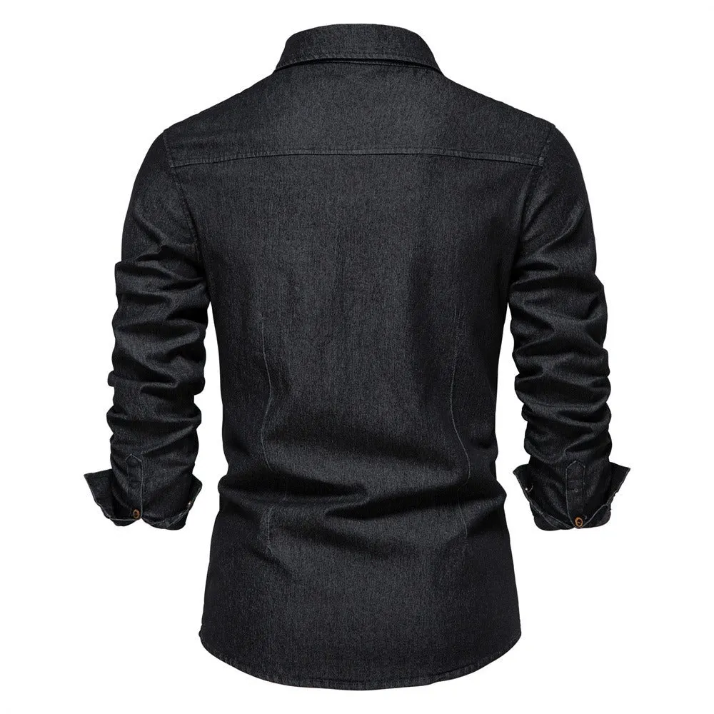 Men's Iron-Free Slim Fit Denim Shirt | US Size Casual Long Sleeve Solid Color Shirt