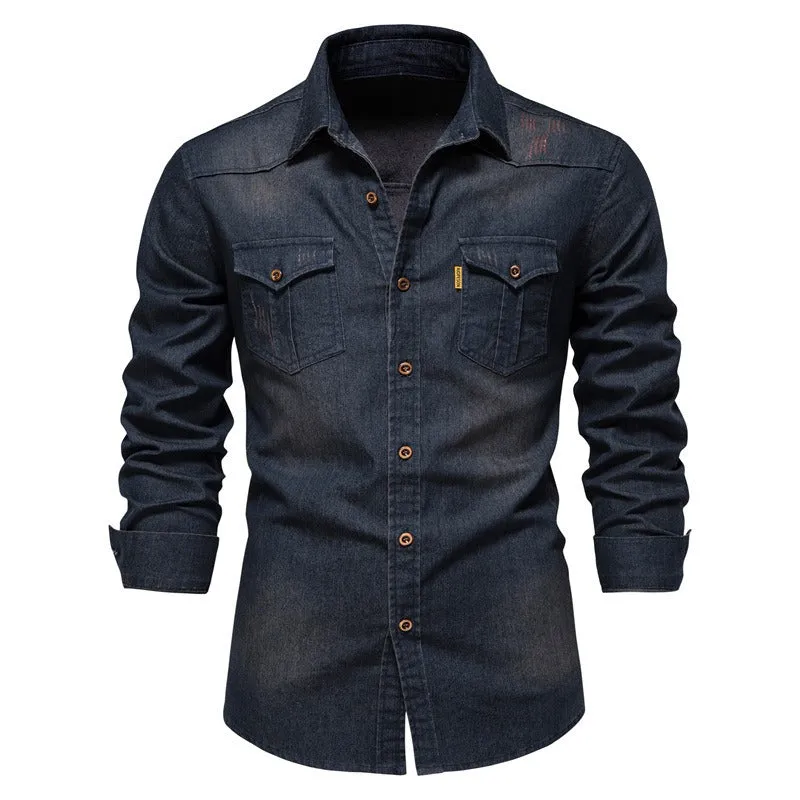 Men's Iron-Free Slim Fit Denim Shirt | US Size Casual Long Sleeve Solid Color Shirt