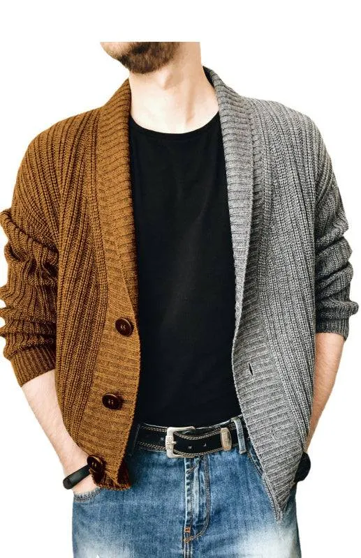 Men's Two Tone Patchwork Single Breasted Long Sleeve Sweater Cardigan