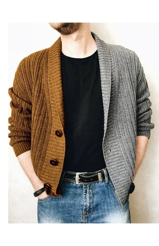 Men's Two Tone Patchwork Single Breasted Long Sleeve Sweater Cardigan