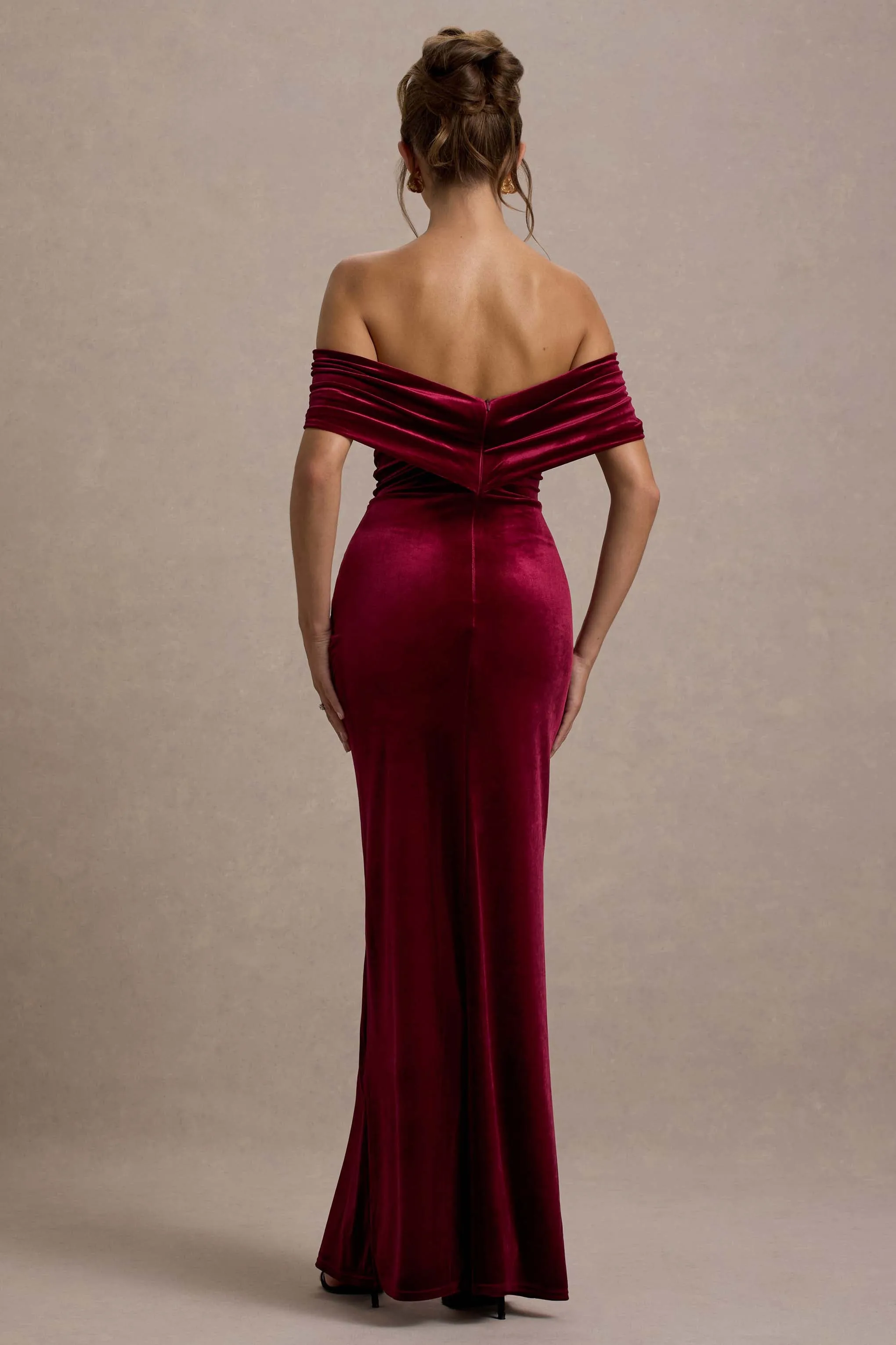 Merelyn | Berry Velvet Bow Bardot Split Maxi Dress