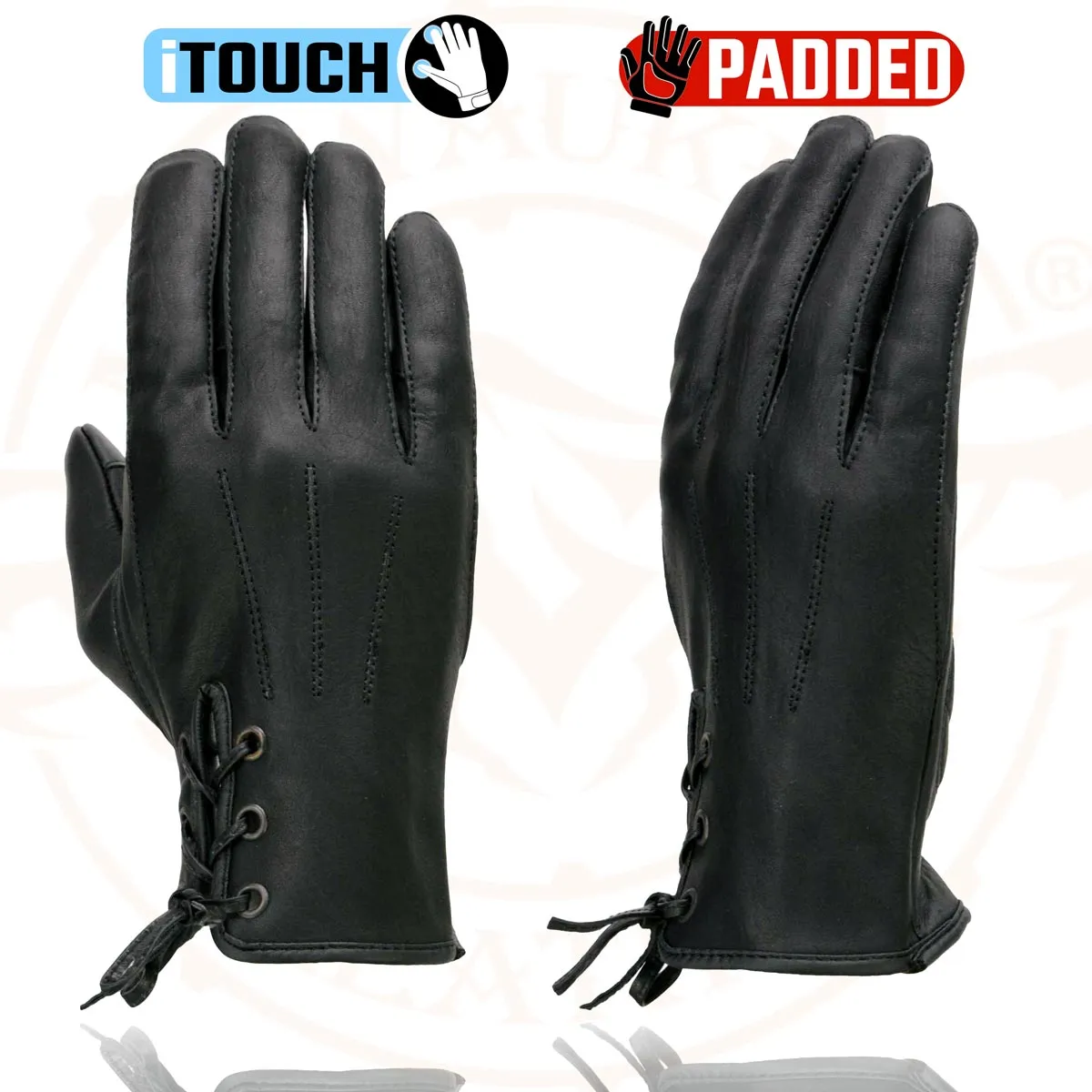 Milwaukee Leather MG7770 Women's Black Leather ’I - Touchscreen Compatible’ Laced Wrist Motorcycle Hand Gloves W/ Gel Palm