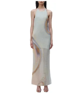 Mischa Marble Digital Mohair Halter Tie Maxi Dress Alabaster Marble Print