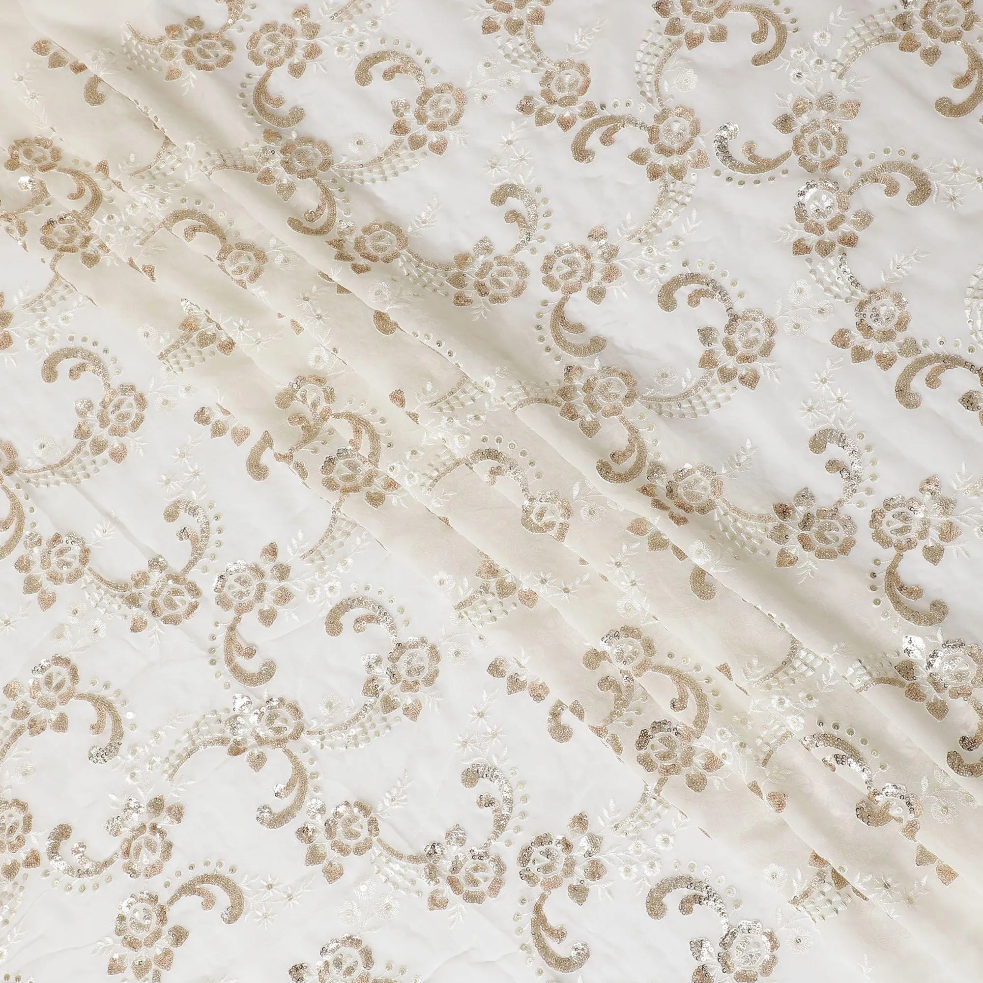 Off white premium pure silk chiffon fabric with same tone, sequins embroidery in floral design-D13678