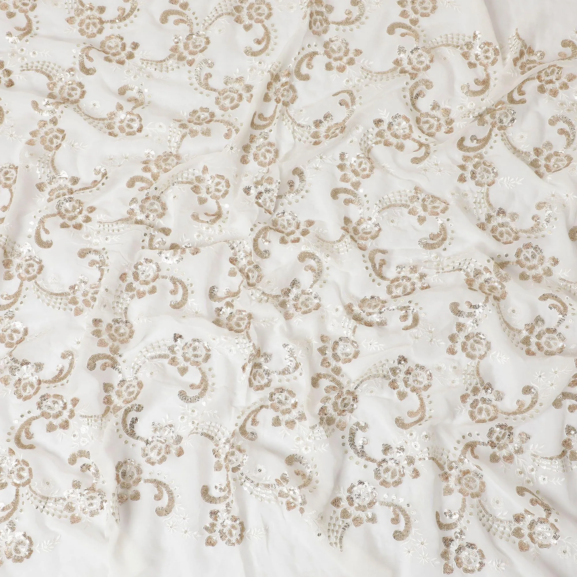 Off white premium pure silk chiffon fabric with same tone, sequins embroidery in floral design-D13678