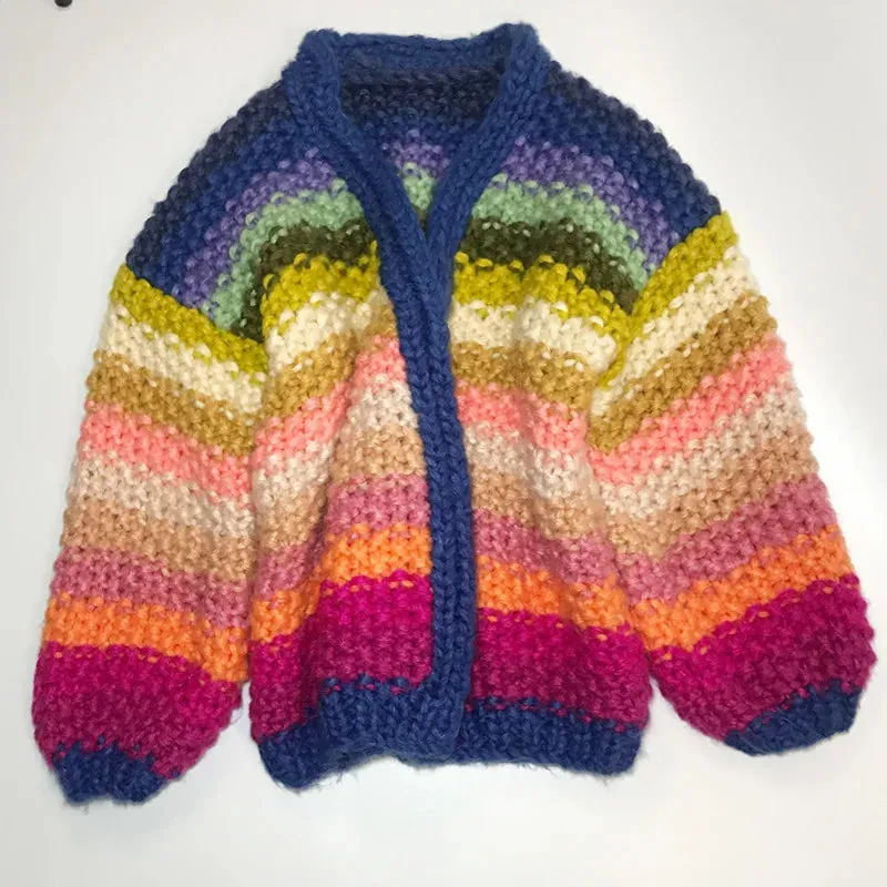 Pre Order:  Handmade Rainbow Striped Crocheted Thick Cardigan