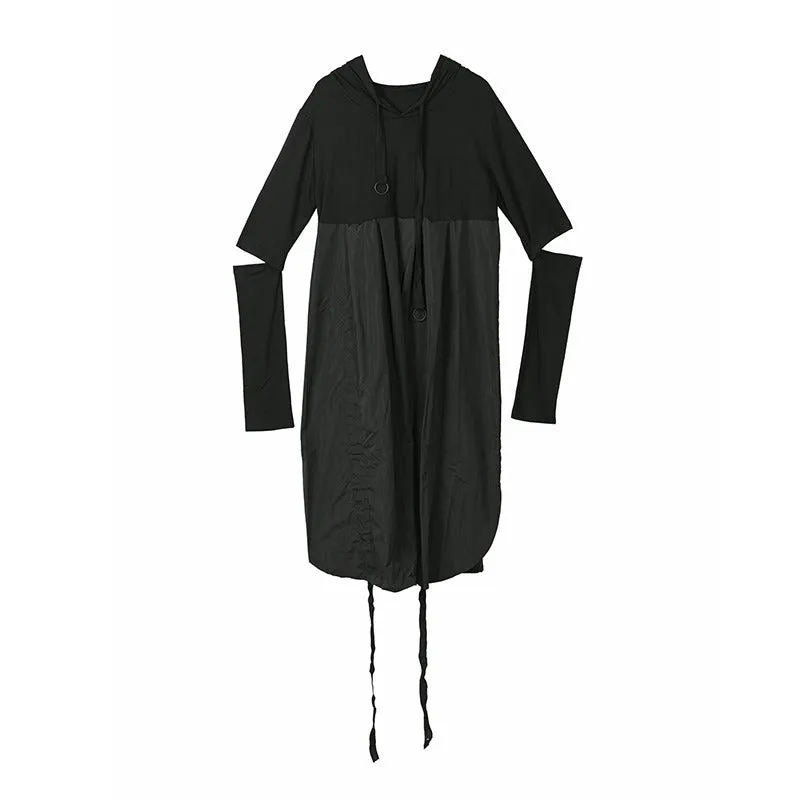 Pre Order: Pullover Hooded Hollow Out Loose Side Slit Dress