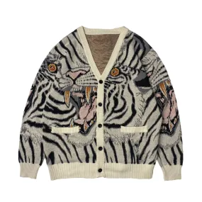 Pre Order:  Vintage Tiger Totem V-Neck Knitted Cardigan Sweater