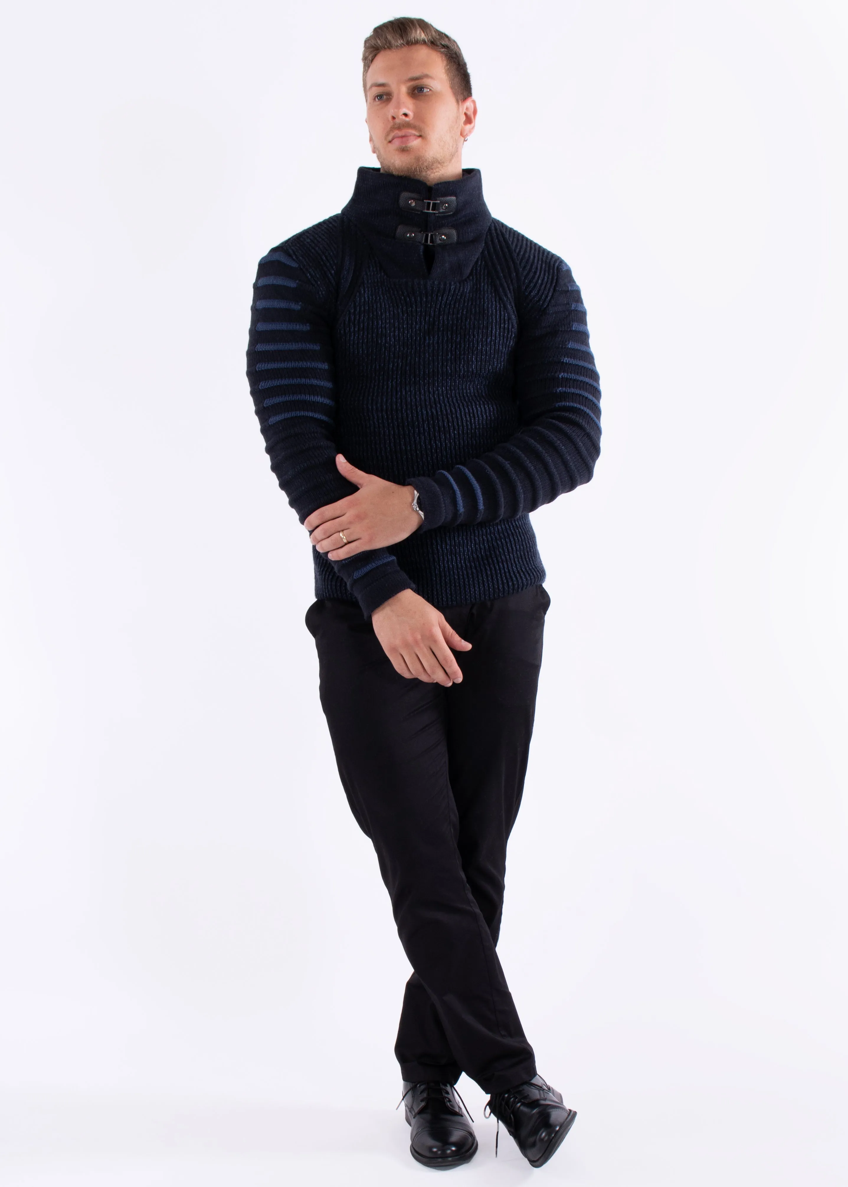 Quarter Zip Ribbed Knit Pullover Sweater Navy