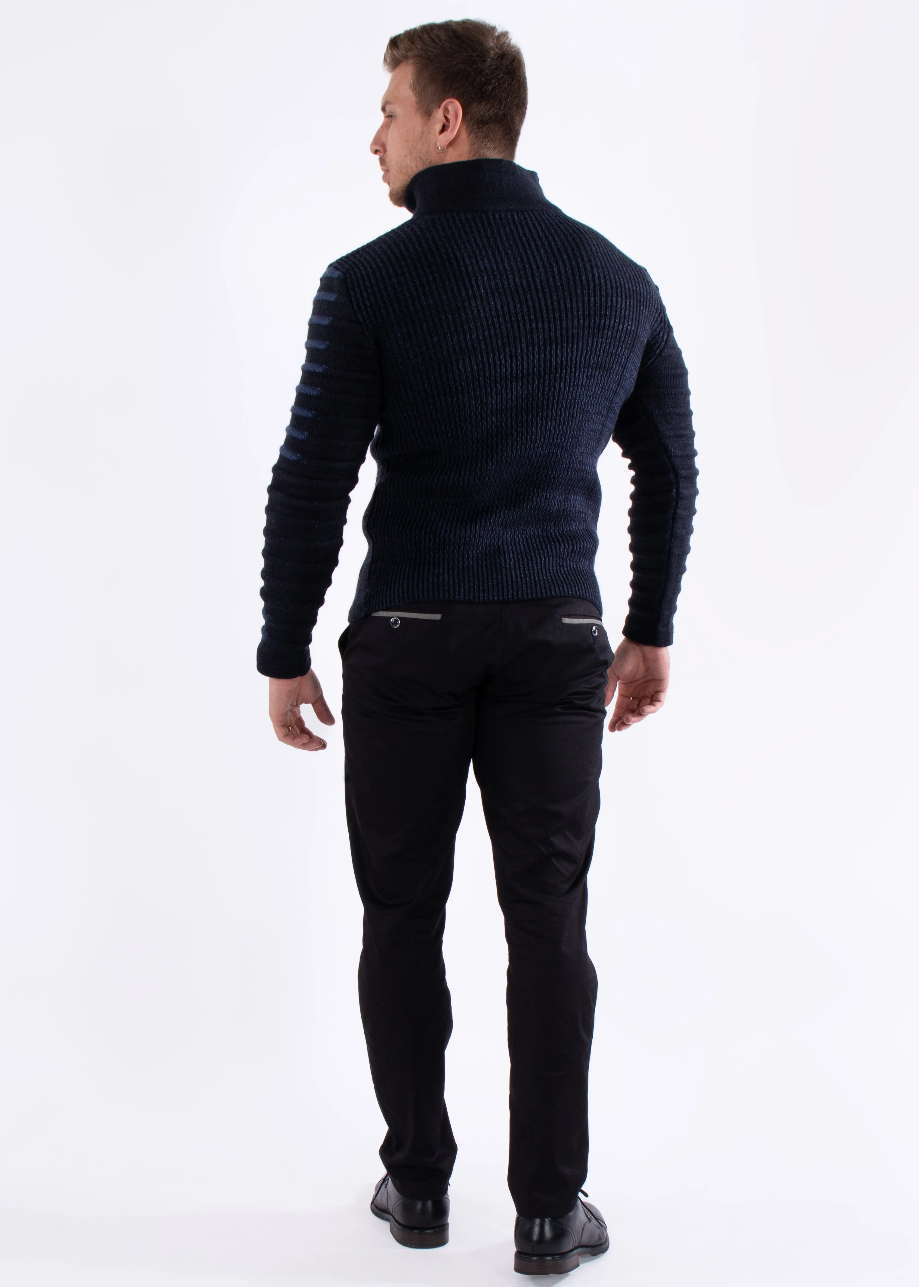 Quarter Zip Ribbed Knit Pullover Sweater Navy