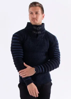 Quarter Zip Ribbed Knit Pullover Sweater Navy