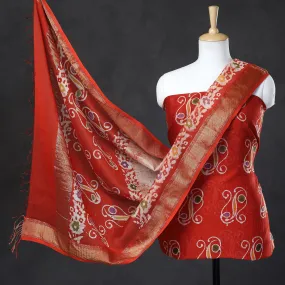 Red - 2pc Hand Batik Printed Maheshwari Silk Handloom Suit Material Set