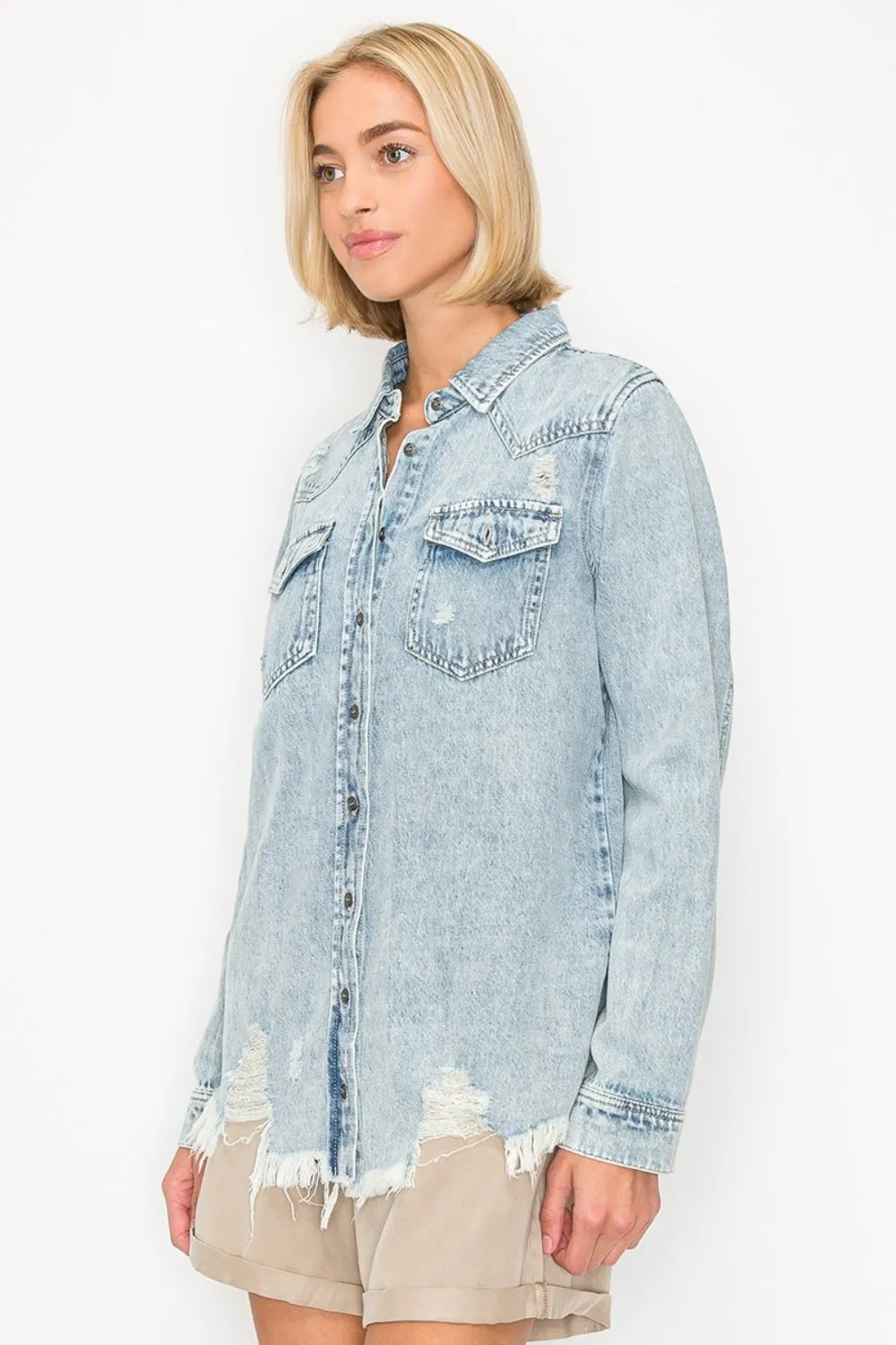 RISEN Button Up Distressed Denim Shirt