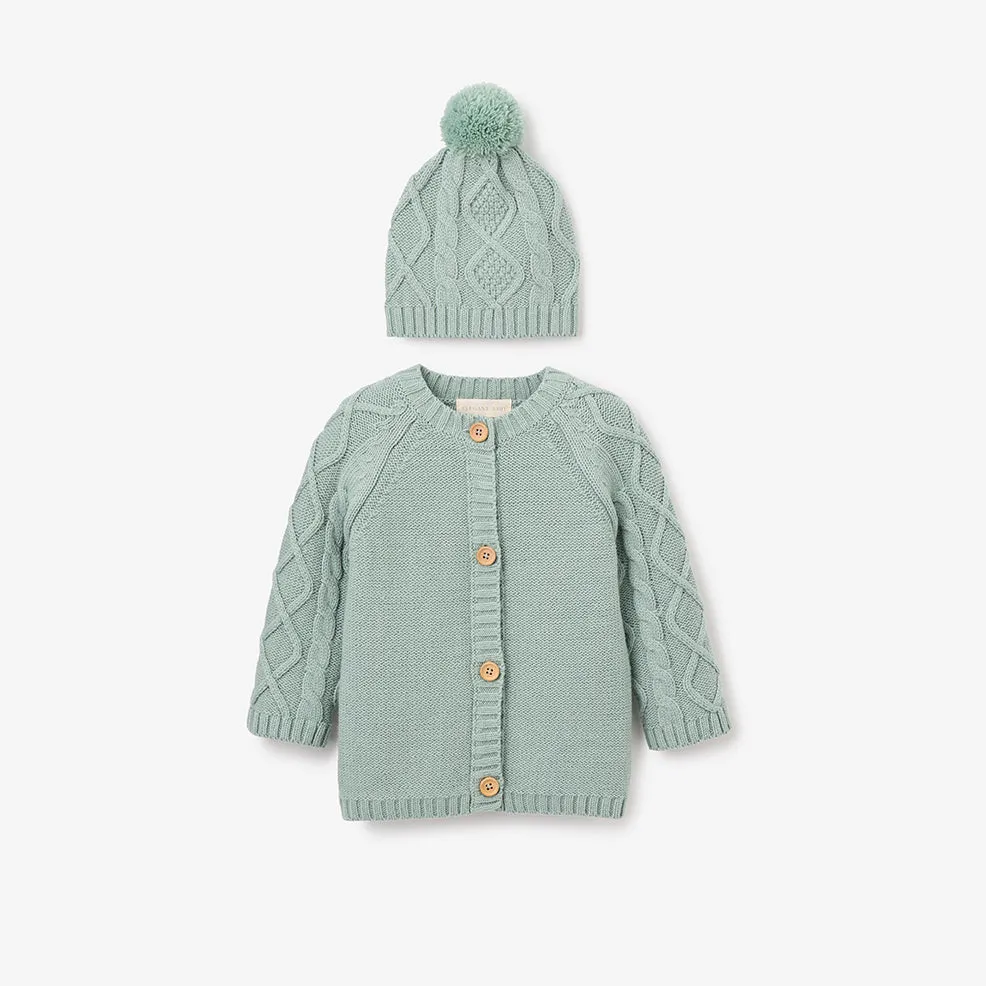 Sage Chunky Diamond Cable Cardigan & Hat Set