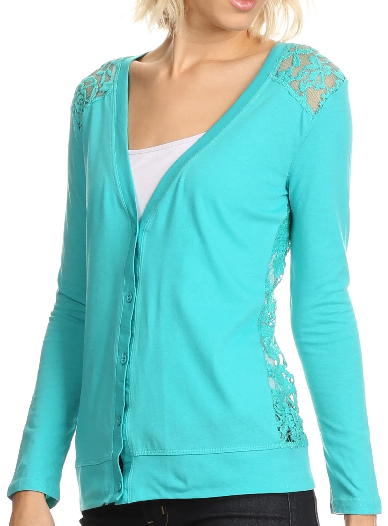 Sakkas Kaiy Tall Long Sleeve Crochet Lace Open Back Button Up Cardigan Top V Neck