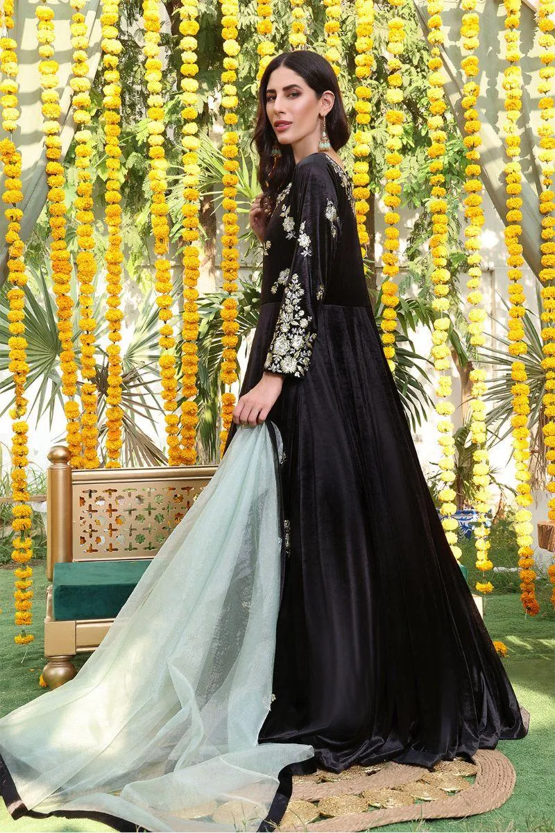 Sanas - Floral Lorex Embroidered Velvet Long Maxi - ZEENAT - M202218 - Sea Green & Black