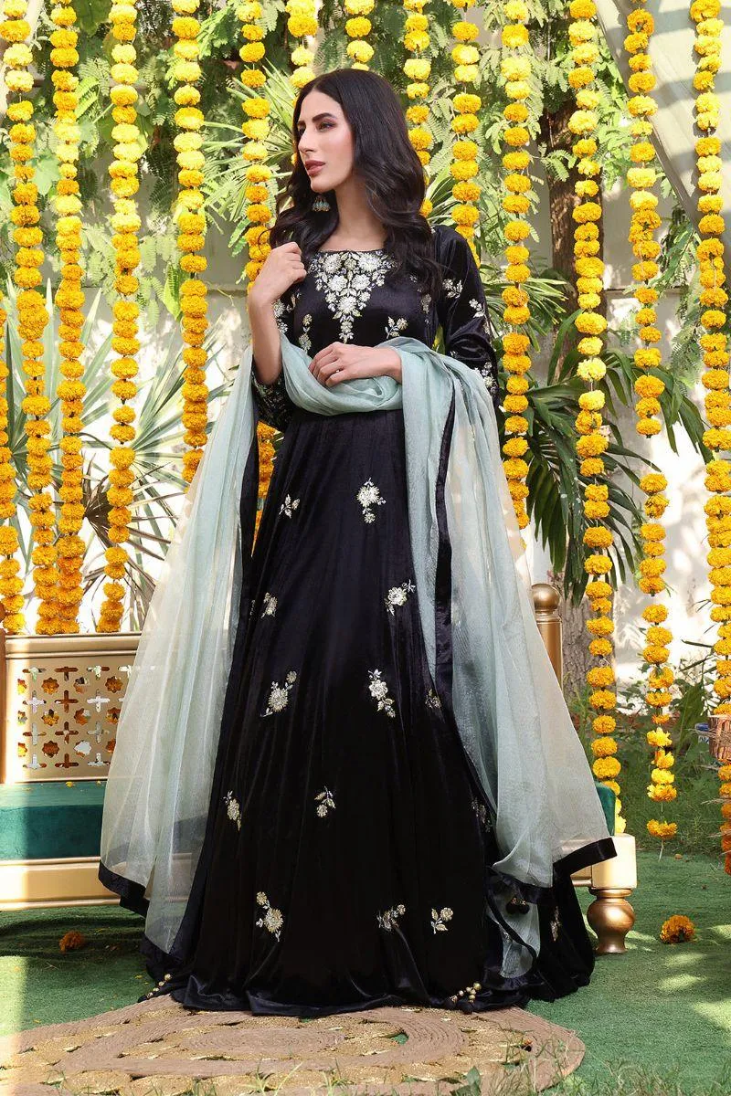 Sanas - Floral Lorex Embroidered Velvet Long Maxi - ZEENAT - M202218 - Sea Green & Black