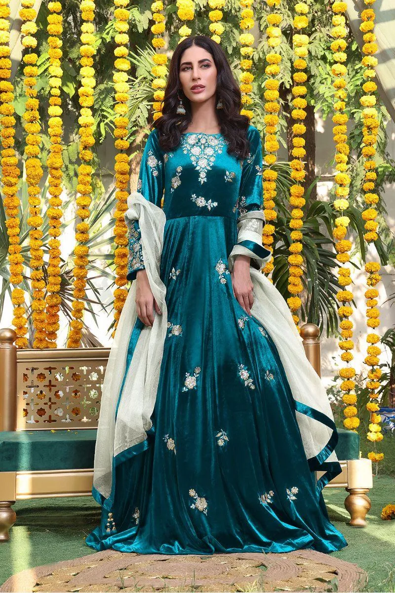 Sanas - Floral Lorex Embroidered Velvet Long Maxi - ZEENAT - M202218 - Sea Green & Black